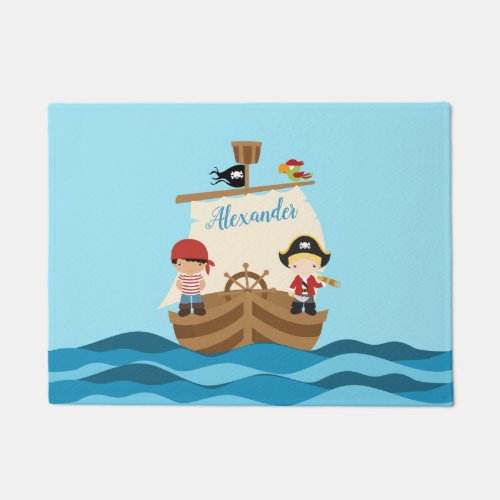 Cute Pirate Boys  A Big Ship Custom Name Doormat