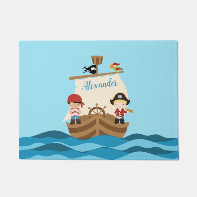 Cute Pirate Boys & A Big Ship Custom Name Doormat (Front)