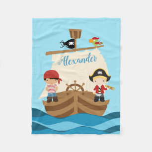 Cute Pirate Boys & A Big Ship Custom Name Fleece Blanket