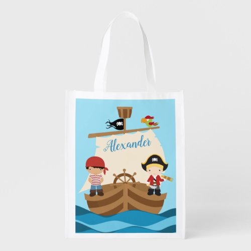 Cute Pirate Boys  A Big Ship Custom Name Grocery Bag