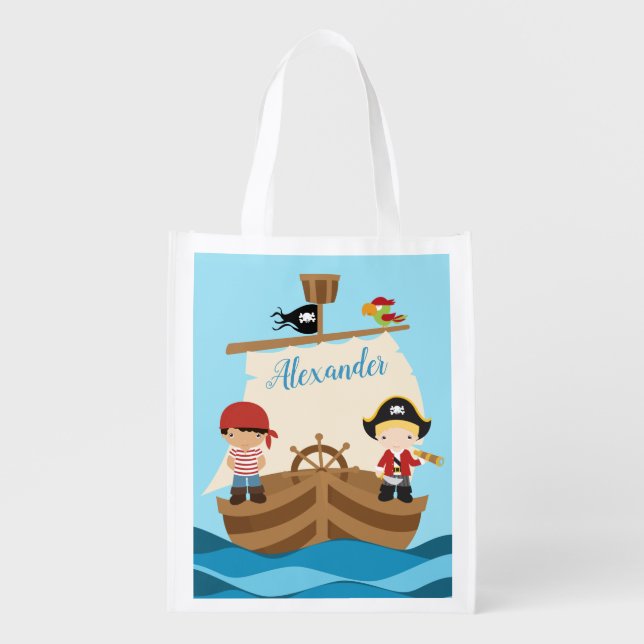 Cute Pirate Boys & A Big Ship Custom Name Grocery Bag (Front)