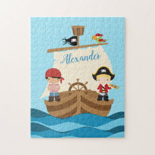 Cute Pirate Boys & A Big Ship Custom Name Jigsaw Puzzle