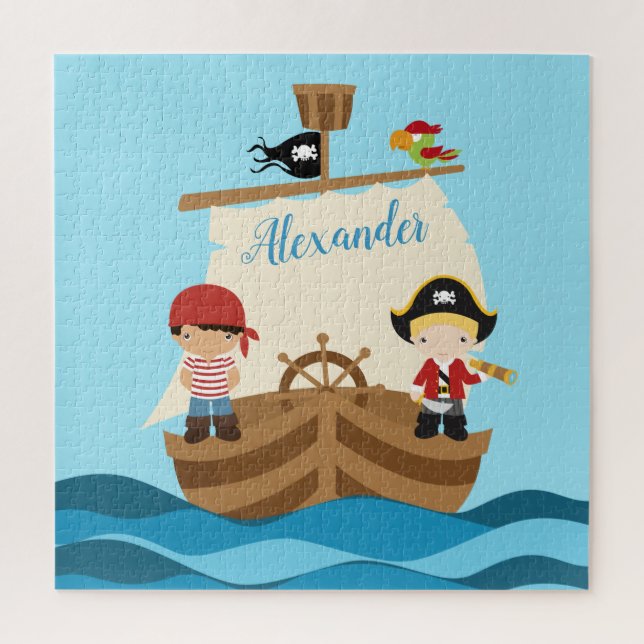 Cute Pirate Boys & A Big Ship Custom Name Jigsaw Puzzle (Vertical)