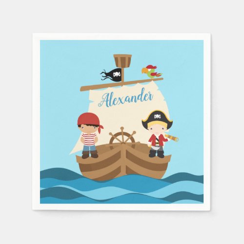 Cute Pirate Boys  A Big Ship Custom Name Napkins
