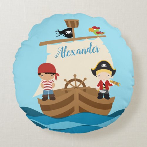 Cute Pirate Boys  A Big Ship Custom Name Round Pillow