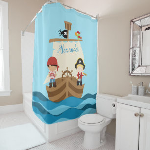 Cute Pirate Boys & A Big Ship Custom Name Shower Curtain