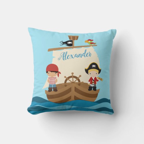 Cute Pirate Boys  A Big Ship Custom Name Throw Pillow