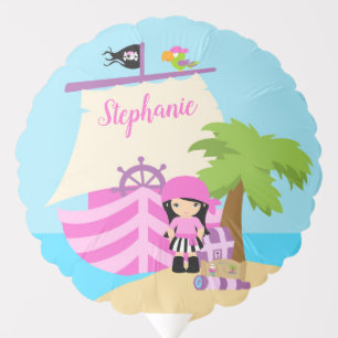 Cute Pirate Brunette Girl & A Big Ship Custom Name Balloon