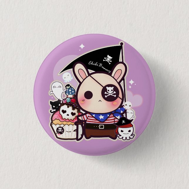 Cute pirate bunny with kawaii cupcake and octopus pinback button (Front)