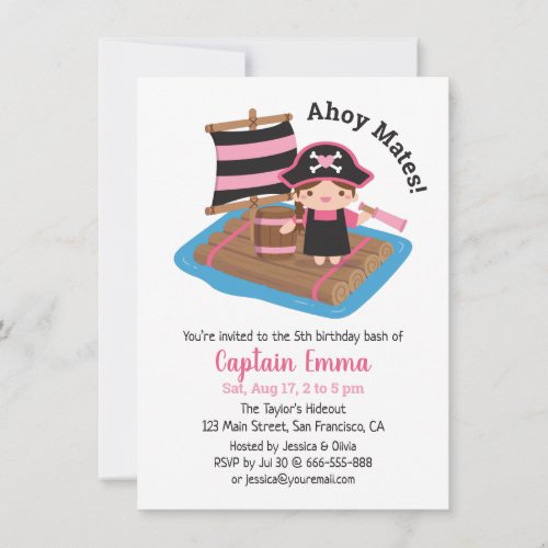 Cute Pirate Captain Girl Raft Kid Birthday Party Invitation