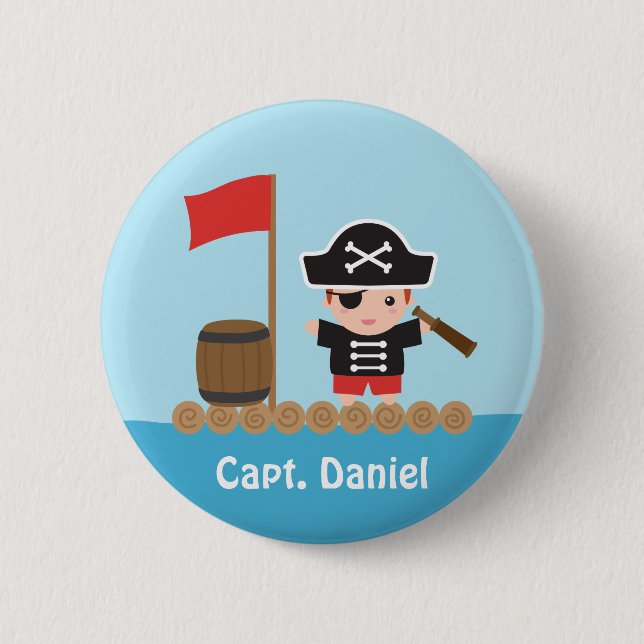 Cute Pirate Captain Ocean Raft Boy Pinback Button (Front)