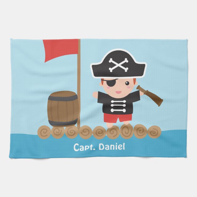 Cute Pirate Captain Ocean Raft Boy Towel (Horizontal)