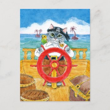 Cute Pirate Cat Budgie Caribbean Sea Ship Postcard by sunshinesketches at Zazzle
