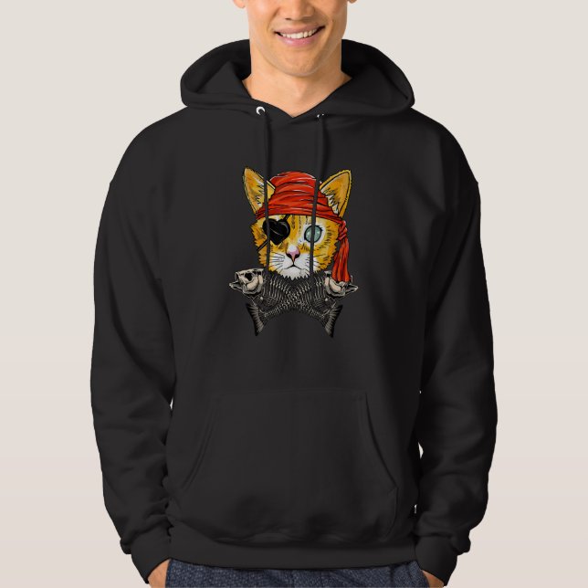 Cute Pirate Cat Face Jolly Roger Flag Halloween Co Hoodie (Front)