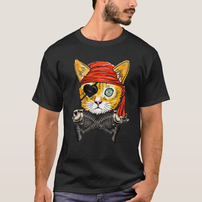 Cute Pirate Cat Face Jolly Roger Flag Halloween Co T-Shirt (Front)