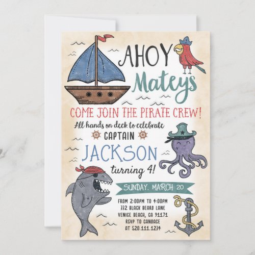 Cute Pirate Characters Birthday Invitation