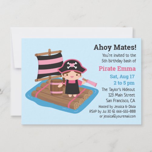 Cute Pirate Girl Boat Raft Kids Birthday Party Invitation