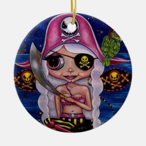 Cute Pirate Girl Fairy with Parrot Skull Eye Patch Ceramic Ornament