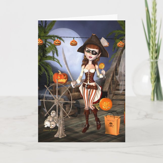 Cute Pirate Girl Halloween Card (Front)