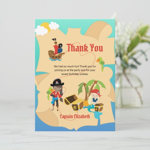 Cute Pirate Girl Mermaid Treasure Map Custom Thank You Card