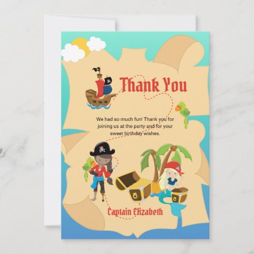 Cute Pirate Girl Mermaid Treasure Map Custom Thank You Card