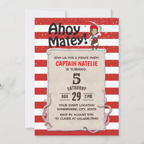 Cute Pirate Girl Red Stripes Birthday Party Invitation