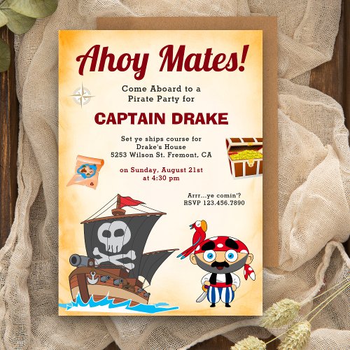 Cute Pirate Kids Birthday Party Invitation