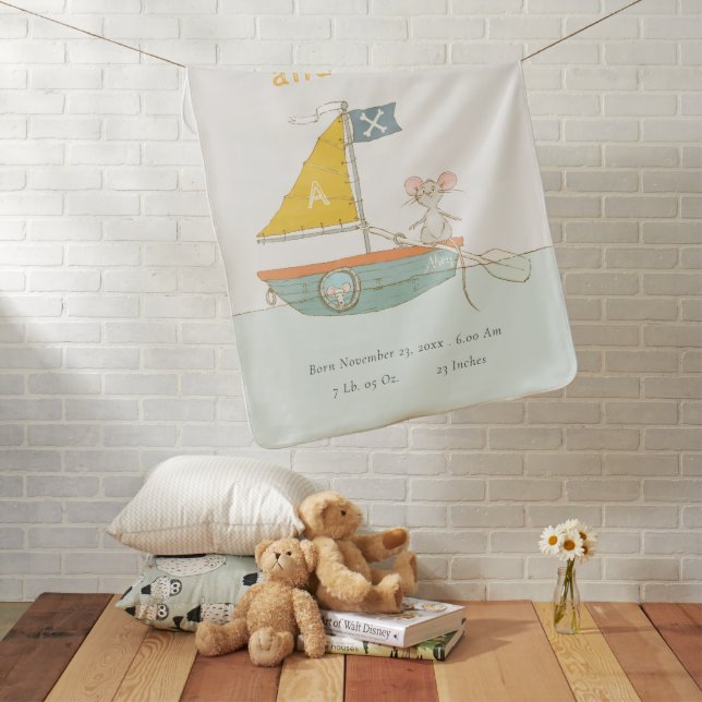 Cute Pirate Mouse Sailboat Kids Monogram Baby Stat Baby Blanket (In Situ)