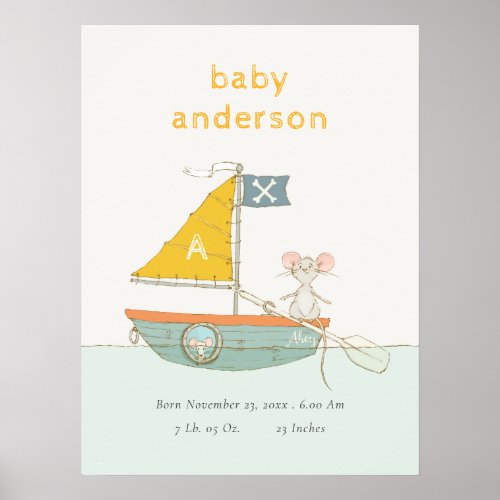 Cute Pirate Mouse Sailboat Kids Monogram Baby Stat Poster