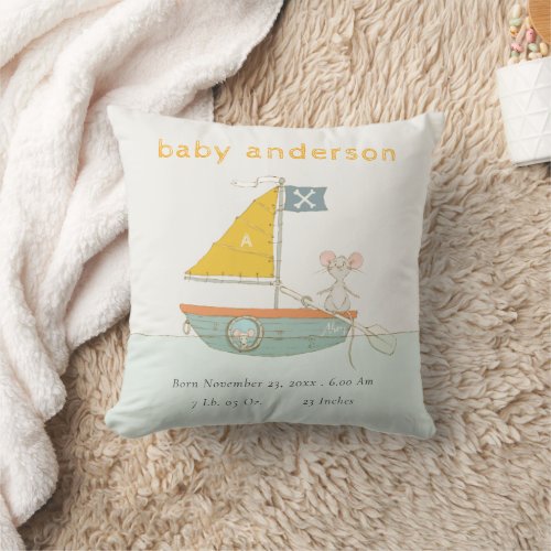 Cute Pirate Mouse Sailboat Kids Monogram Baby Stat Throw Pillow