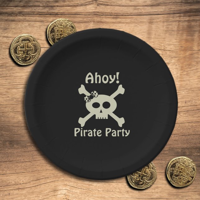 Cute Pirate Party Girly Skull Crossbones Black Paper Plates (Ahoy! Cute pirate paper plates for your pirate party)