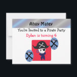 Cute Pirate Party Invitation<br><div class="desc">A cute pirate in a big pirate hat with an eyepatch,  earring and bandana. A red background with pirate accents. Customize with all of your party information as desired.</div>