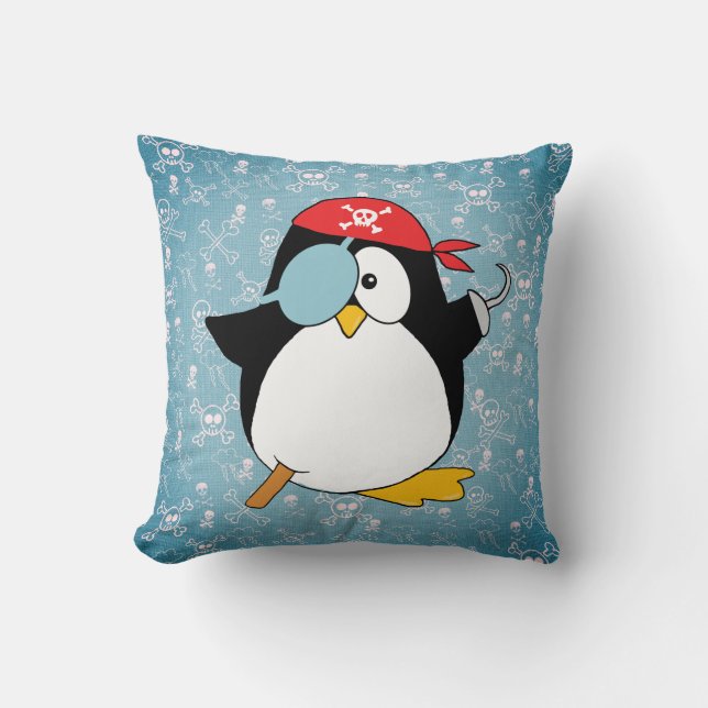 Cute Pirate Penguin Blue Throw Pillow (Front)