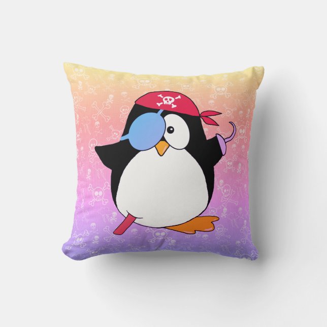 Cute Pirate Penguin Rainbow Throw Pillow (Front)