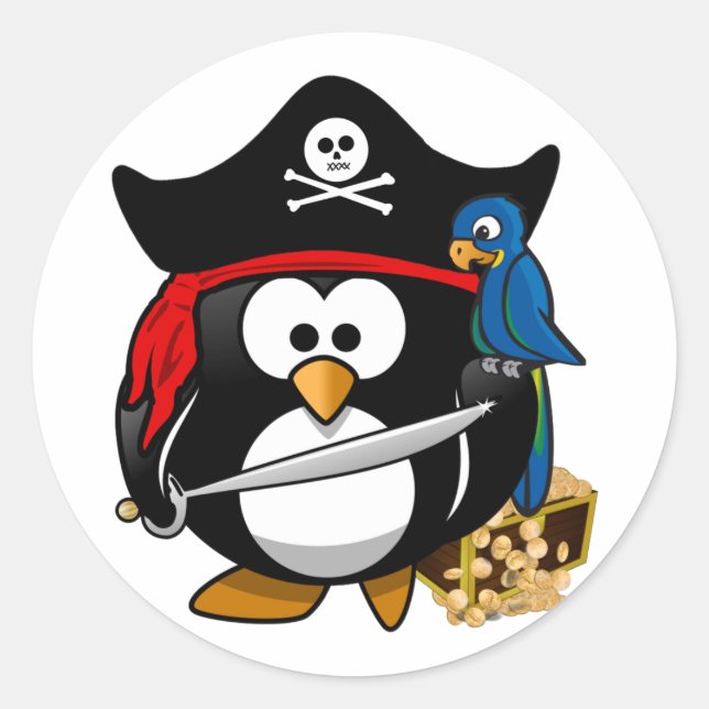 Cute Pirate Penguin with Treasure Chest Classic Round Sticker (Front)