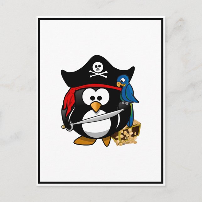 Cute Pirate Penguin with Treasure Chest Postcard (Front)