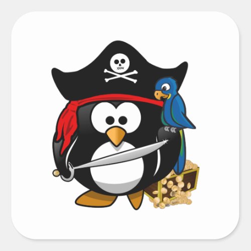 Cute Pirate Penguin with Treasure Chest Square Sticker