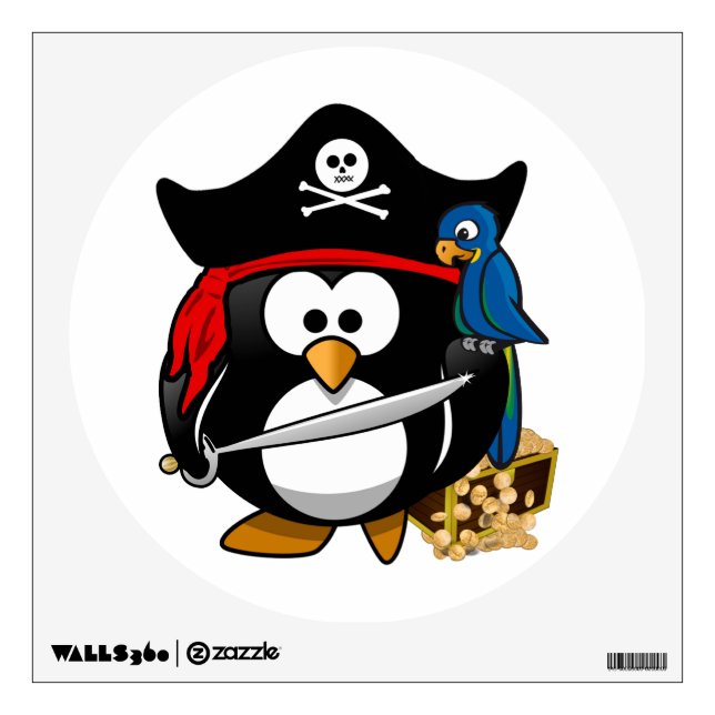Cute Pirate Penguin with Treasure Chest Wall Sticker (Front)