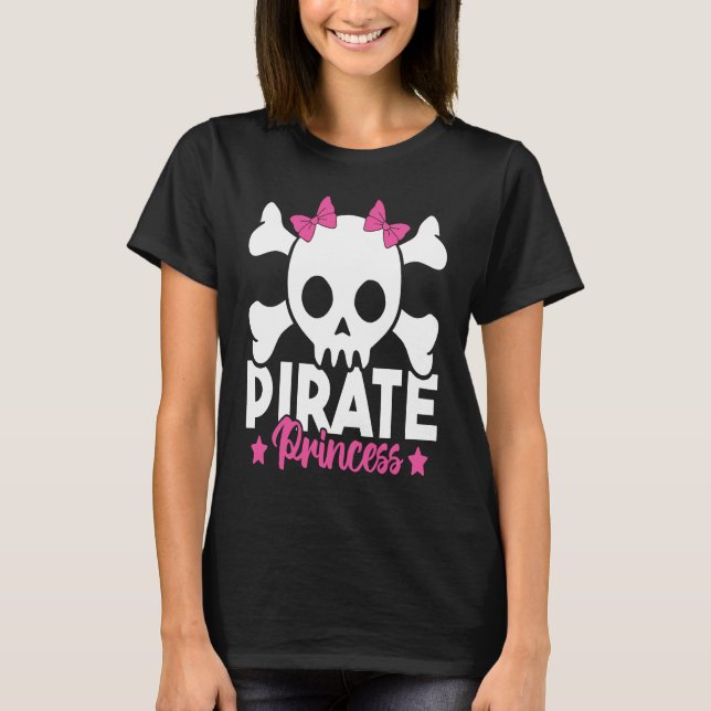 Cute Pirate Princess Pink Pirate Skull and Crossbo T-Shirt (Front)