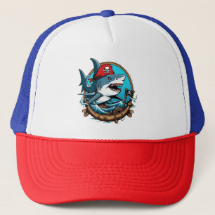 Cute pirate shark on a boat  trucker hat