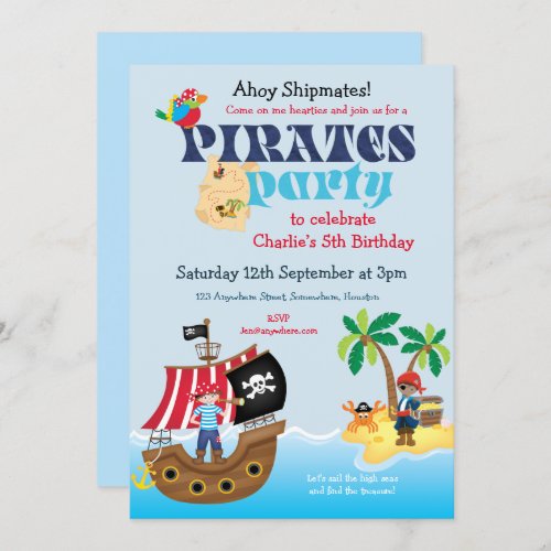 Cute Pirate Shipmates Boys Birthday Party Invitation