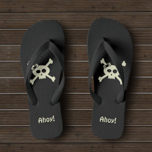Cute Pirate Skull and Crossbones Custom Ahoy Black Flip Flops
