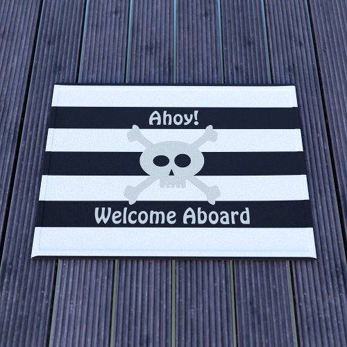Cute Pirate Skull Stripe Welcome Aboard Doormat