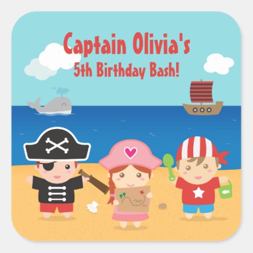 Cute Pirate Themed Kids Birthday Party Favors Square Sticker