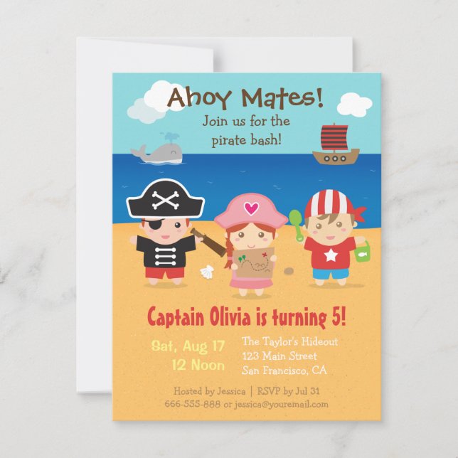 Cute Pirate Themed Kids Birthday Party Invitations (Front)