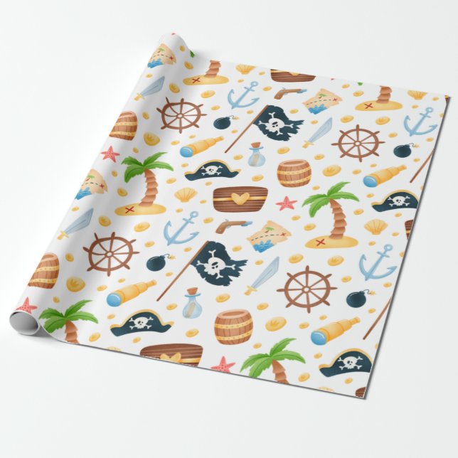 Cute Pirate Themed Nautical Pattern  Wrapping Paper (Unrolled)