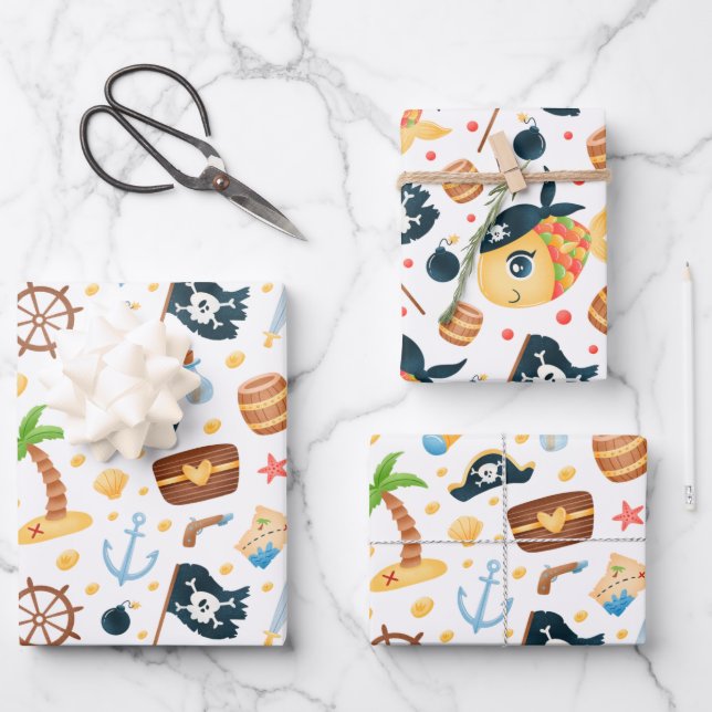 Cute Pirate Themed Nautical Pattern  Wrapping Paper Sheets (Front)