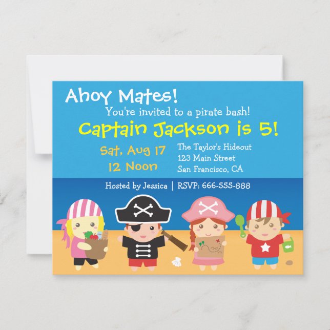 Cute Pirates Boys and Girls Birthday Party Invitation (Front)