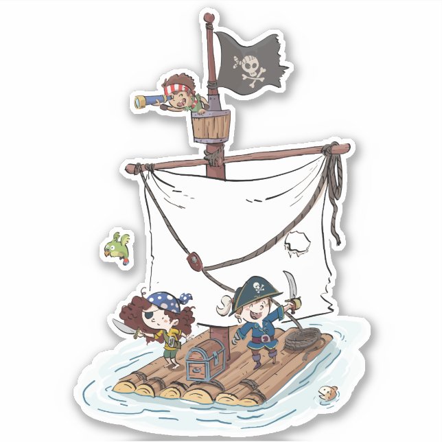 Cute Pirates Sailing On Raft | Cartoon Sticker (Front)