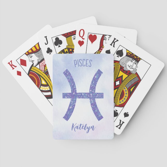 Cute Pisces Astrology Sign Personalized Purple Poker Cards (Back)